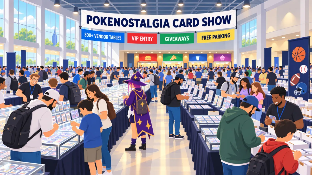 Collectors browse and trade at vendor tables inside the upstairs NTX Arena show floor beneath a PokeNostalgia Card Show banner, with display cases, food stalls, and a sports-card area.