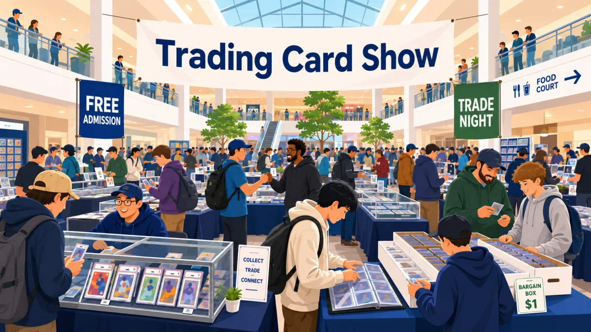 Trading Card Show at White Oaks Mall in Springfield, IL, with collectors browsing graded slabs in glass cases, binder trading, and a $1 bargain box.