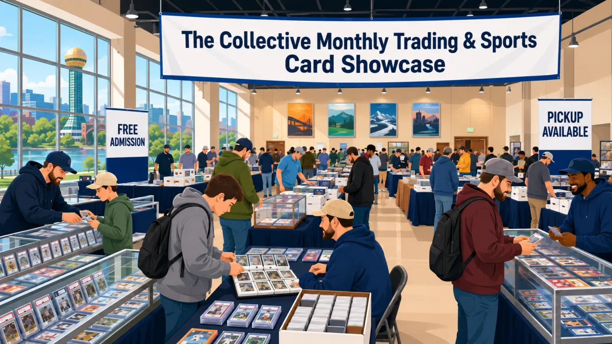 The Collective Monthly Trading and Sports Card Showcase, an indoor show with graded slab display cases, bargain boxes, and free admission signage.