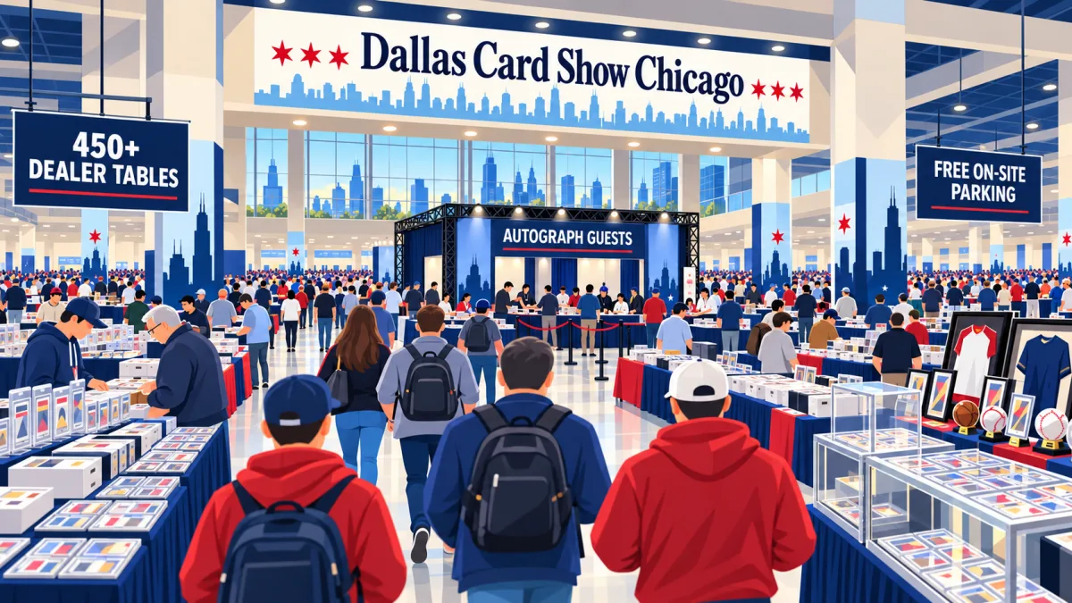 Editorial illustration of collectors browsing a large Schaumburg convention hall beneath a Dallas Card Show Chicago banner with 450+ dealer tables, autograph guests, and free on-site parking callouts.