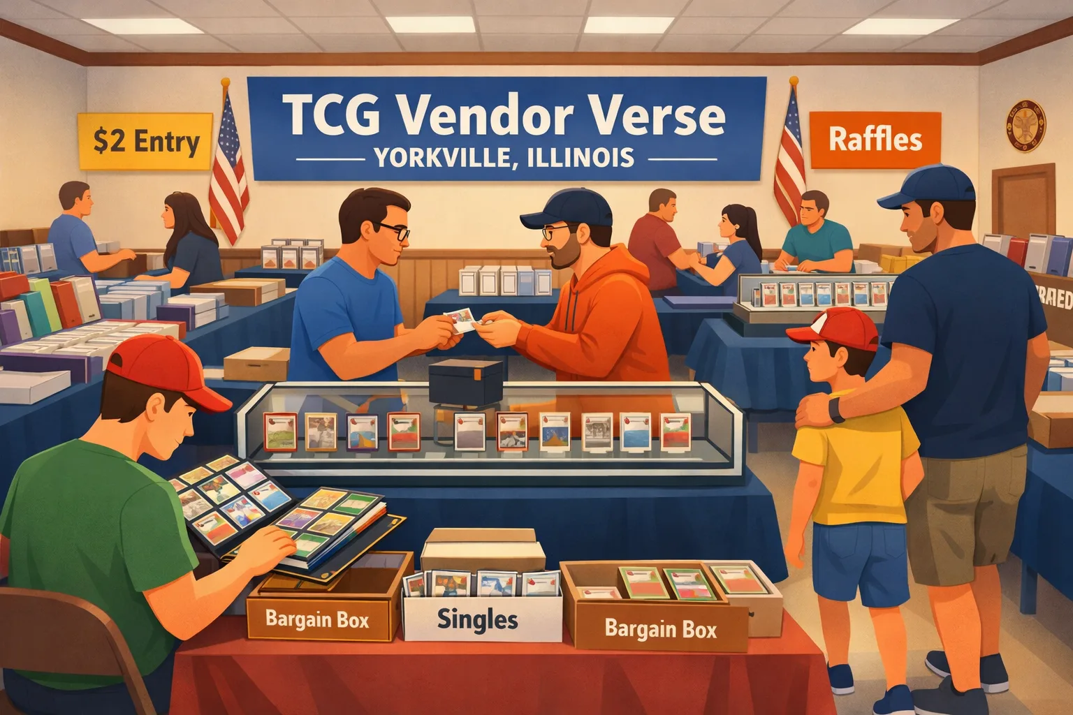 Hero image for TCG Vendor Verse in Yorkville, Illinois showing an American Legion card show floor with vendor tables, display cases, binders, bargain boxes, graded slabs, collectors trading, and families browsing.