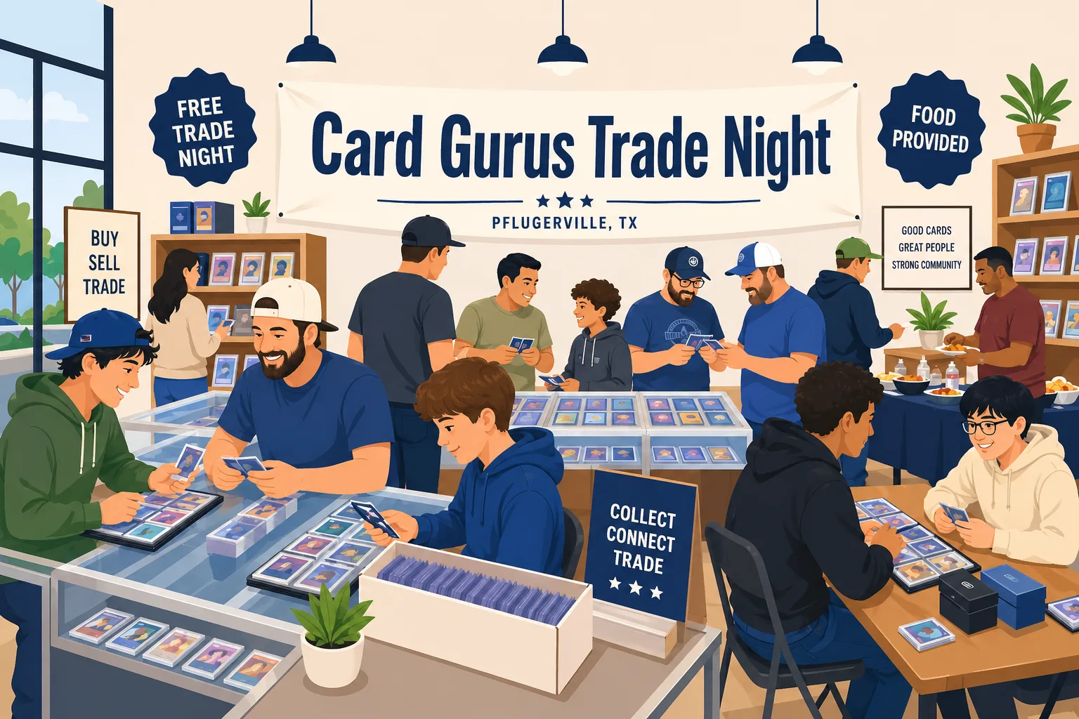 Card Gurus Trade Night in Pflugerville, TX — collectors at glass cases of graded cards, traders swapping at tables, Buy/Sell/Trade signage and food spread.