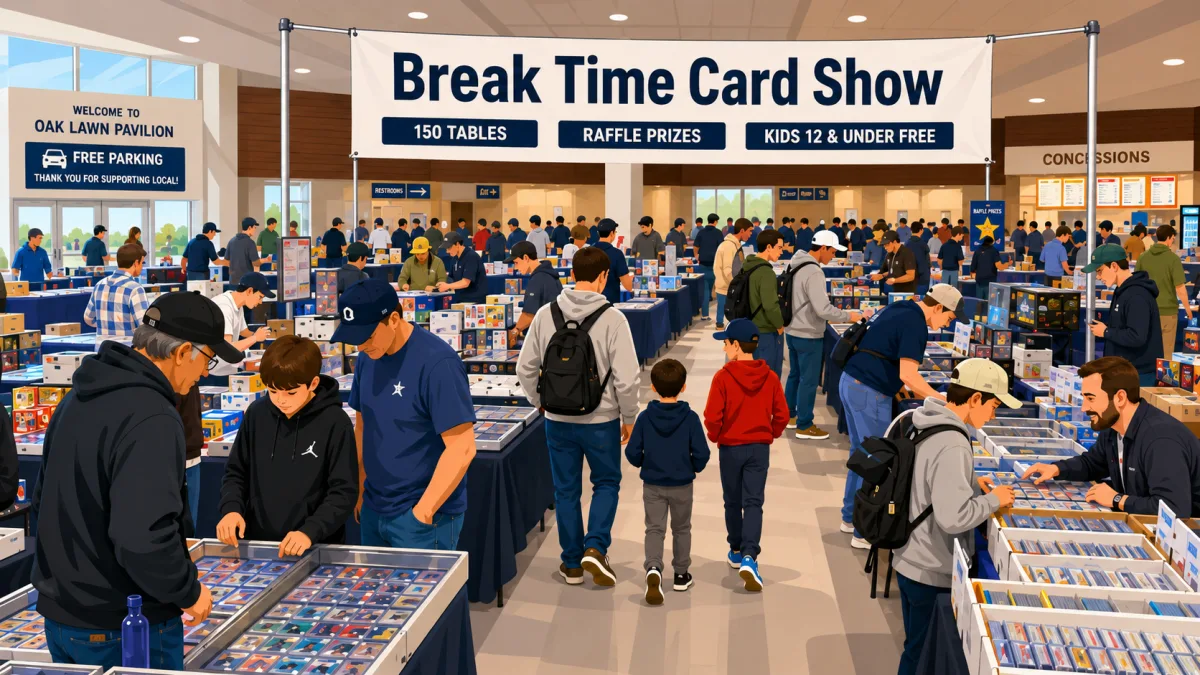 Break Time Card Show at Oak Lawn Pavilion, with rows of vendor tables, glass display cases of trading cards, and families browsing bargain box bins.