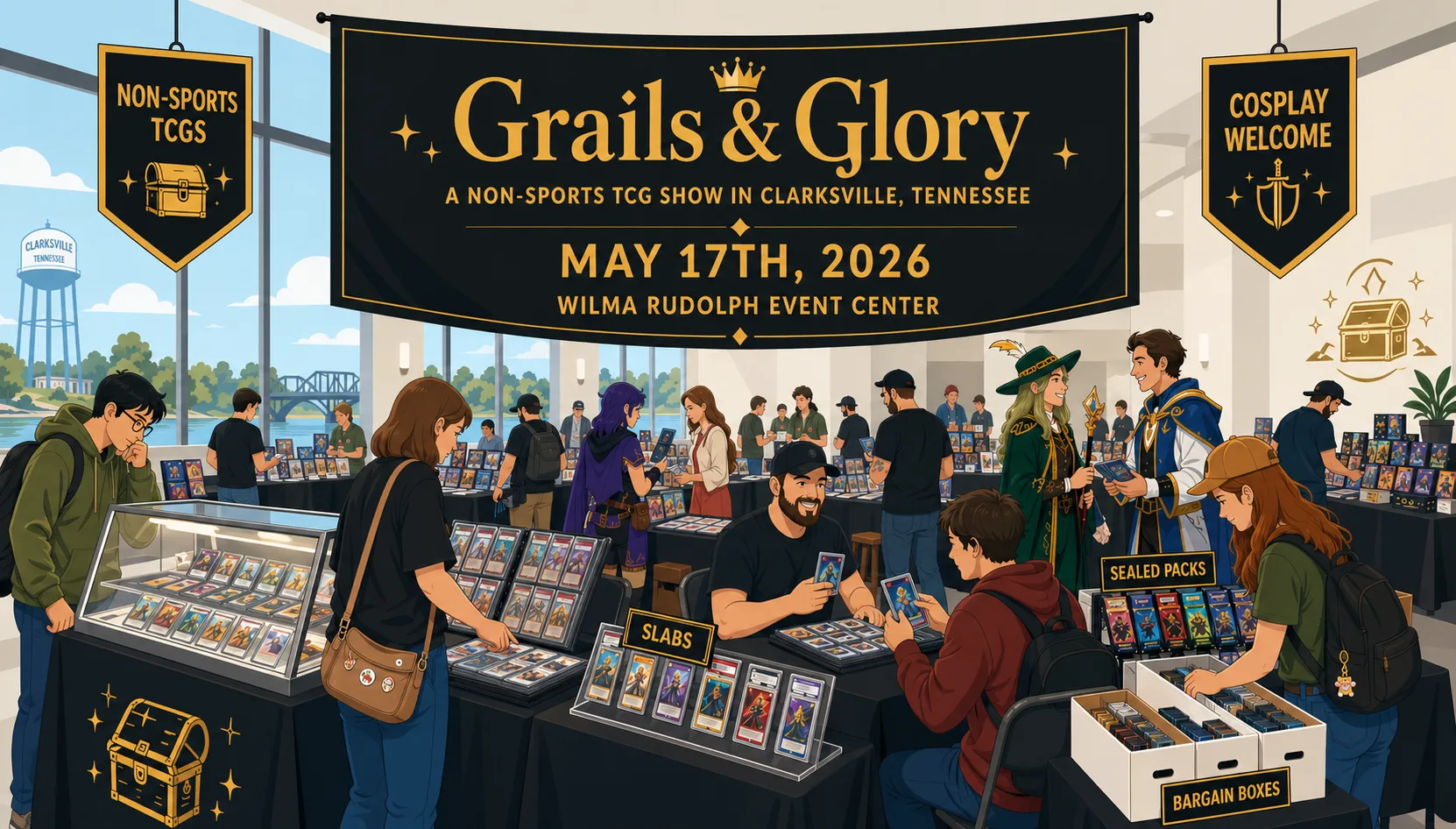 Grails & Glory at Wilma Rudolph Event Center in Clarksville, TN — collectors browse graded slabs, sealed packs, and bargain boxes as cosplayers mingle.
