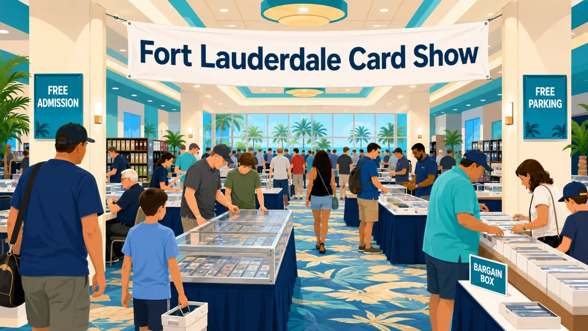 Illustrated Fort Lauderdale card show inside a bright hotel event space, with collectors browsing card tables beneath a Fort Lauderdale Card Show banner and free admission and free parking signs.