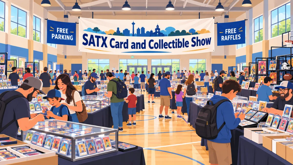 Illustrated SATX Card and Collectible Show floor inside the Schertz Community Center, with collectors browsing cards, comics, autographs, and memorabilia beneath an event banner.