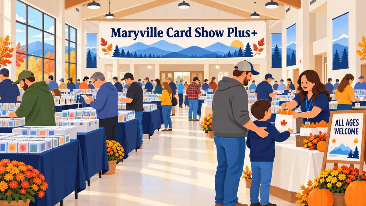 Collectors browse trading card tables in a bright community hall beneath a Maryville Card Show Plus+ banner. A parent and child approach a welcome table near an all-ages sign.