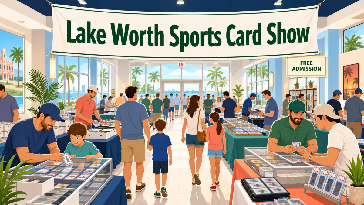 Illustration of collectors browsing card tables and display cases inside a Greenacres community hall beneath a Lake Worth Sports Card Show banner.