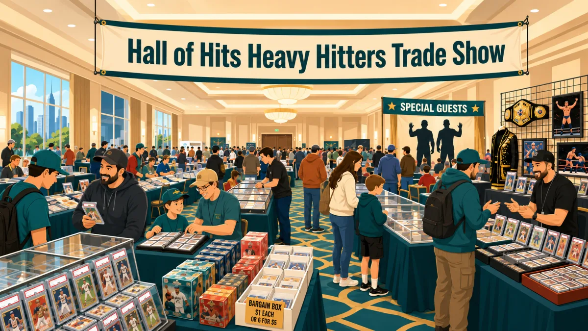 Hall of Hits Heavy Hitters Trade Show: collectors browse graded card cases, sealed hobby boxes, and dollar bargain boxes in a busy hotel ballroom