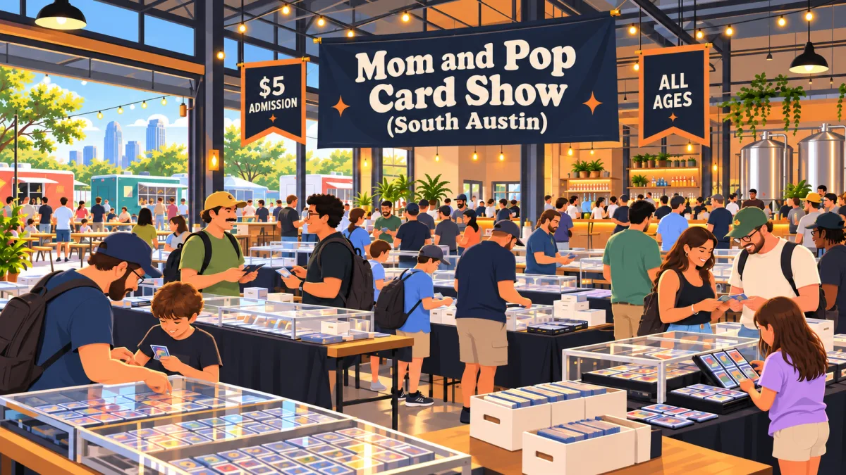 Illustration of families and collectors browsing card tables inside a South Austin warehouse venue beneath a Mom and Pop Card Show (South Austin) banner.
