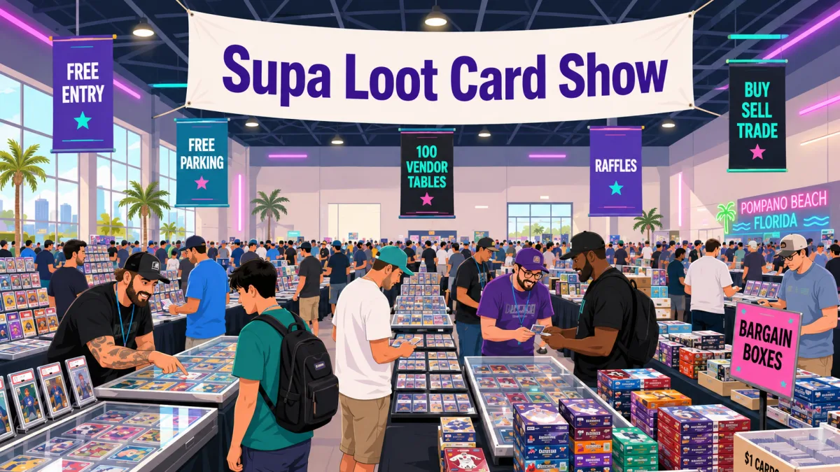 Supa Loot Card Show in Pompano Beach, Florida, packed with 100 vendor tables of graded card slabs, sealed boxes, and bargain bins as collectors browse.