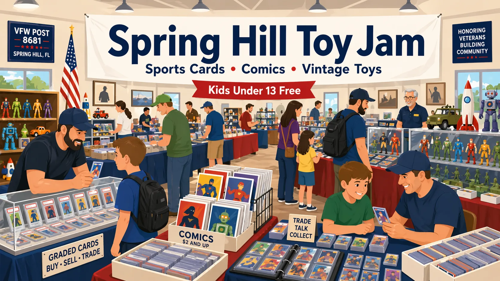 Modern vector illustration of Spring Hill Toy Jam in Spring Hill, FL, showing a VFW hall collectibles floor with card tables, comics, vintage toys, action figures, binders, and collectors browsing.