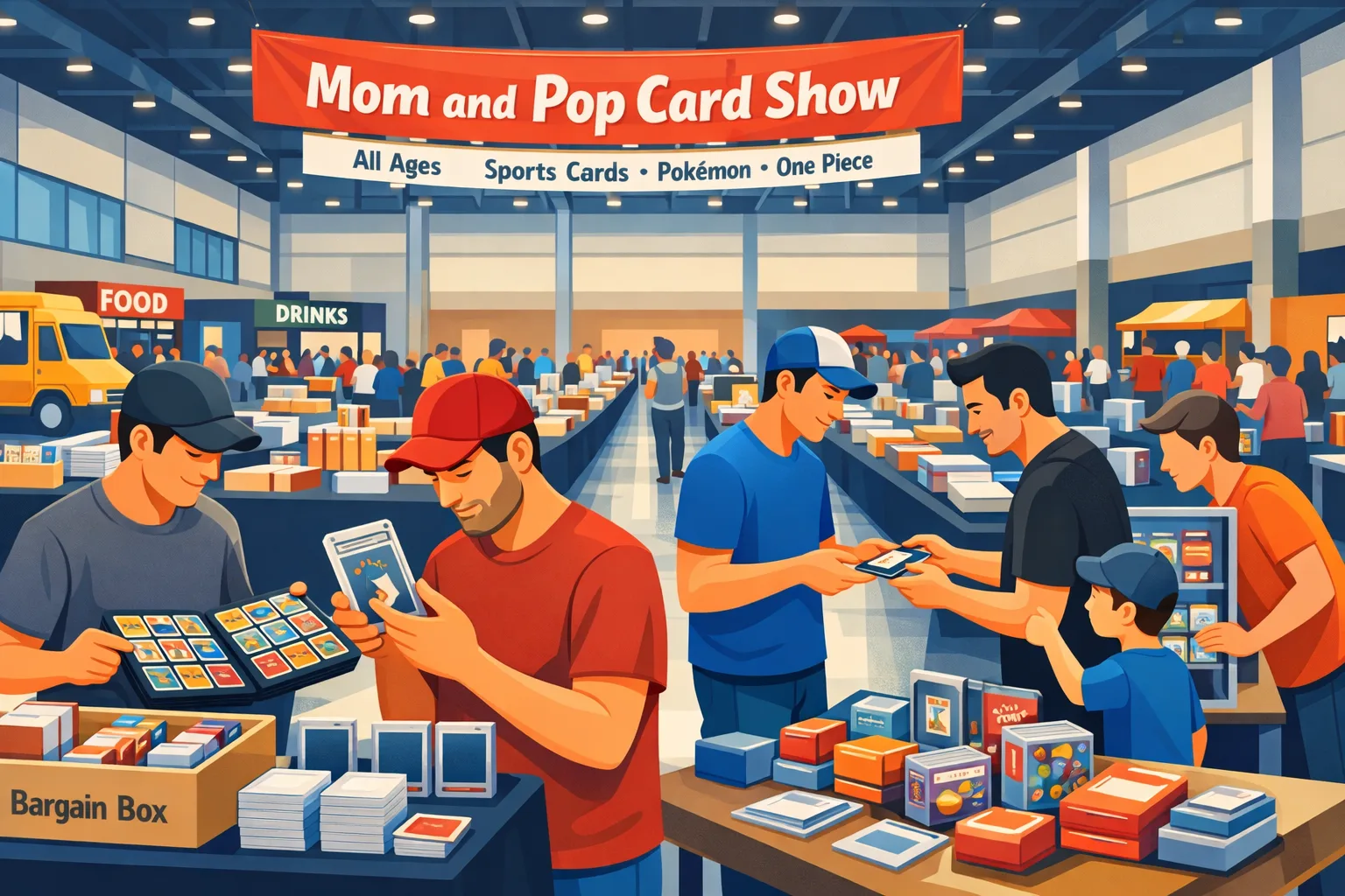 Modern vector illustration of the Mom and Pop Card Show at The Fieldhouse at the Crossover in Leander, TX, with sports card and trading card vendors, collectors browsing tables, display cases, and a family-friendly show atmosphere.