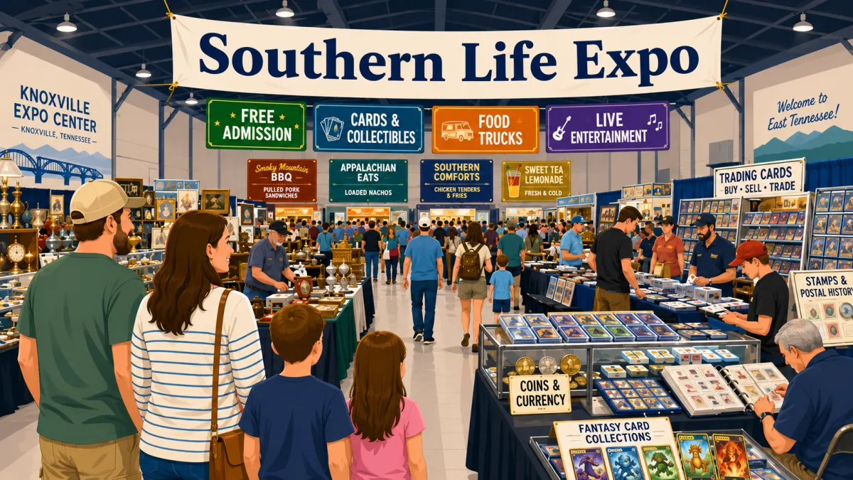 Southern Life Expo at Knoxville Expo Center, Knoxville, Tennessee, with trading card tables, coins and currency cases, and stamp displays as families browse.