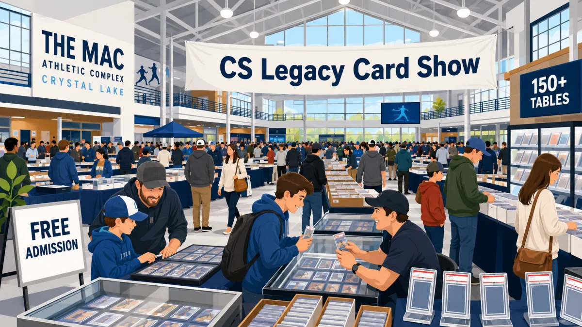 An illustrated CS Legacy Card Show inside The MAC in Crystal Lake, with rows of card tables, display cases, binders, and collectors browsing beneath 150+ tables and free admission signs.