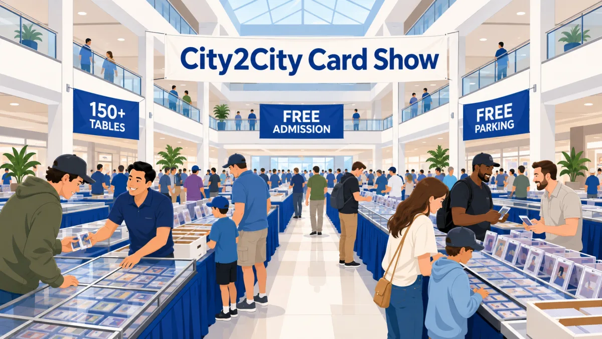 Illustrated card show in a bright two-level mall atrium, with collectors browsing vendor tables beneath a City2City Card Show banner.
