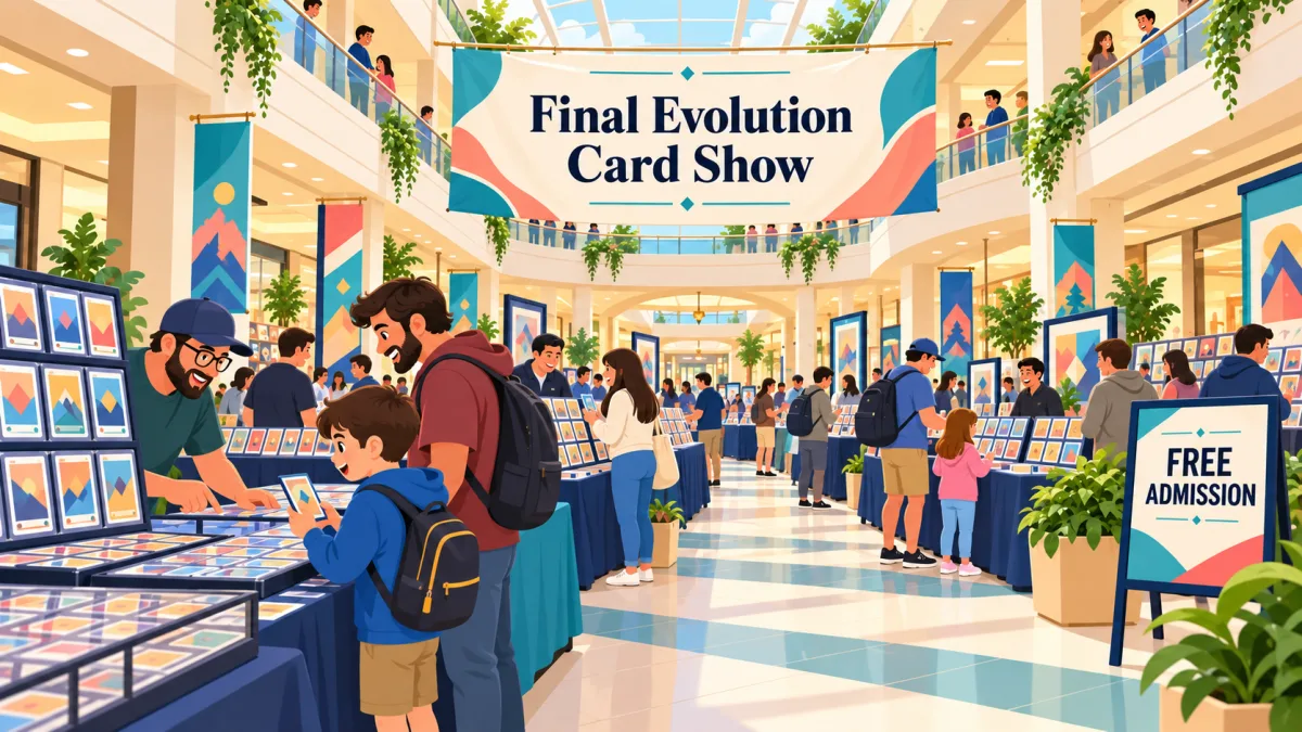 Collectors browse card tables along a bright shopping mall concourse beneath a Final Evolution Card Show banner. Vendor displays continue into adjoining corridors, with a free admission sign near the entrance.