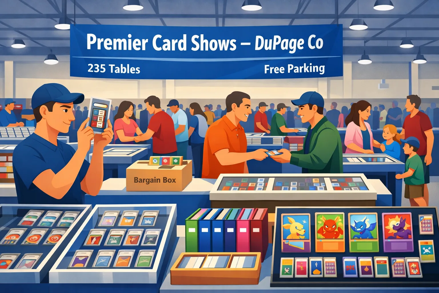 Premier Card Shows DuPage Co hero image showing a busy card show in Wheaton, Illinois, with vendor tables, display cases, sports cards, trading card binders, and collectors at the DuPage County Fairgrounds.