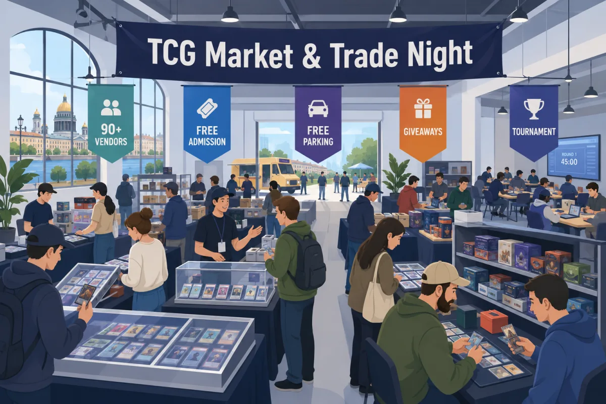 TCG Market and Trade Night at Coastal Creative in St. Petersburg, FL, with 90 plus vendor tables, graded card slabs, and a live tournament area.