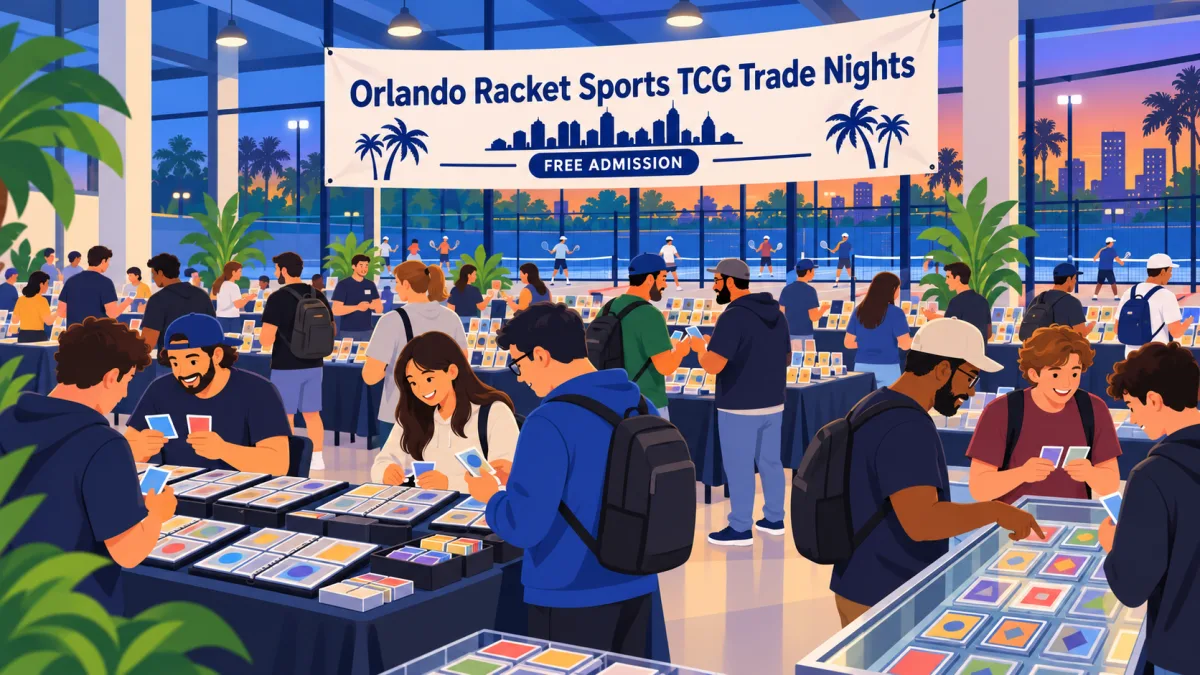 Collectors browse cards and trade binders inside an Orlando indoor racket sports venue beneath an Orlando Racket Sports TCG Trade Nights banner.