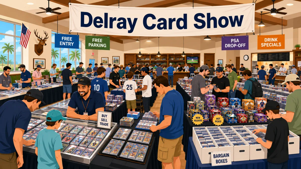 Delray Card Show at the Elks Lodge in Delray Beach, FL, with crowded tables of graded card slabs, sealed booster boxes, and bargain box bins.