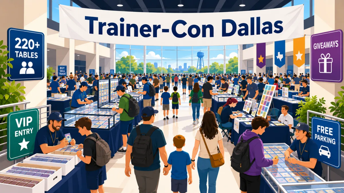 Illustrated upstairs card-show hall with collectors browsing vendor tables beneath a Trainer-Con Dallas banner and signs for 220+ tables, VIP entry, giveaways, and free parking.