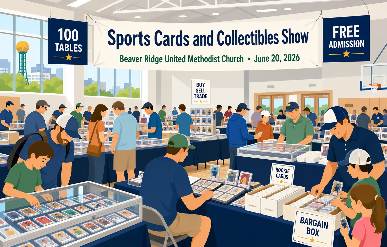 Sports Cards and Collectibles Show at Beaver Ridge United Methodist Church, Knoxville — 100 tables, graded card cases, and families browsing rookies.