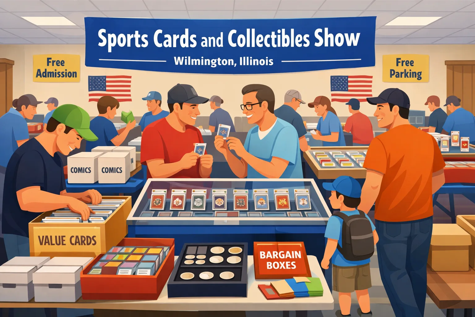 Sports Cards and Collectibles Show in Wilmington, Illinois at a VFW hall with vendor tables, display cases, sports card slabs, comics boxes, coin displays, Pokémon binders, and collectors browsing a local community show floor.