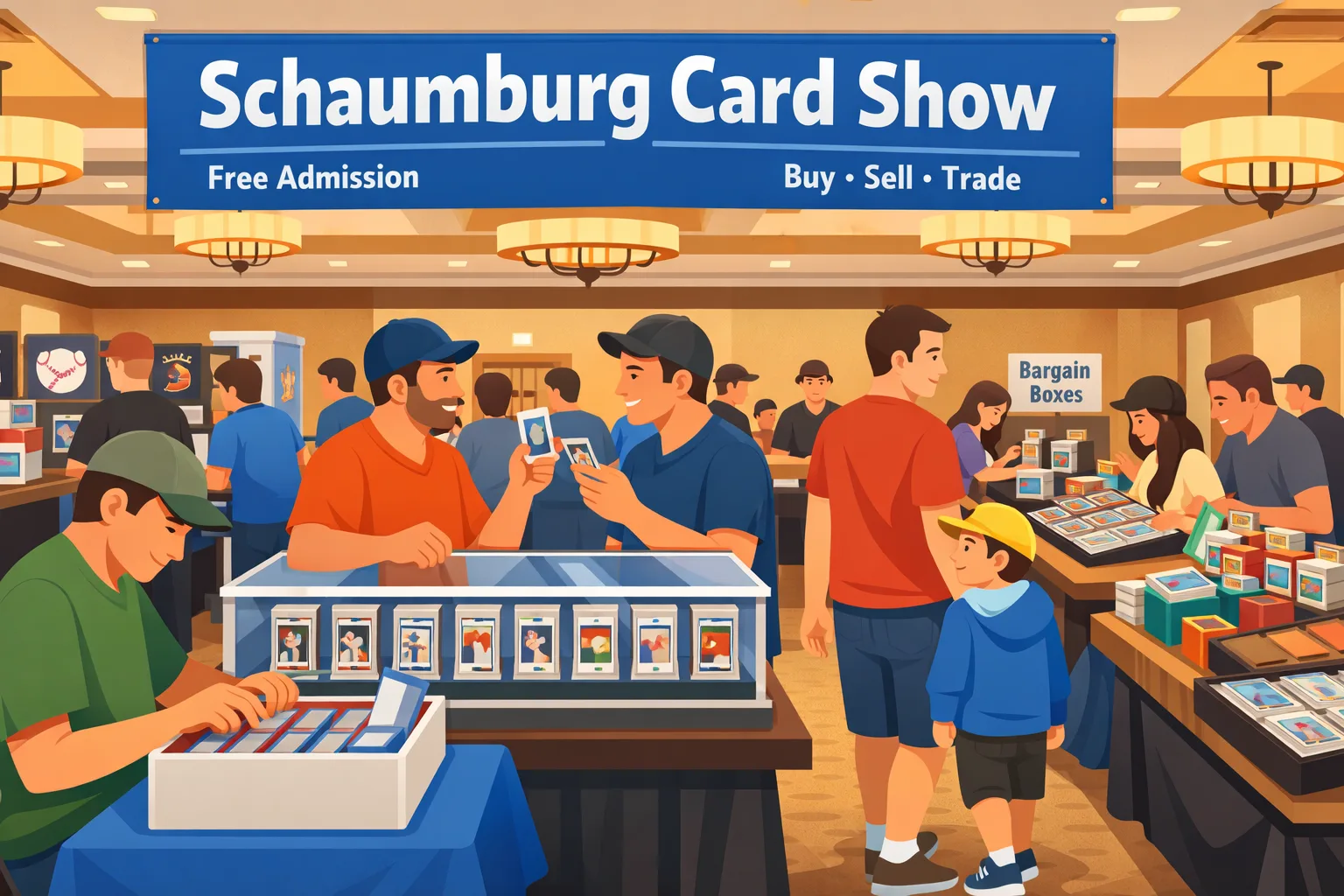 Hero illustration of the Schaumburg Card Show in Schaumburg, Illinois, showing a busy hotel ballroom with vendor tables, sports card display cases, Pokémon binders, bargain boxes, and collectors browsing.