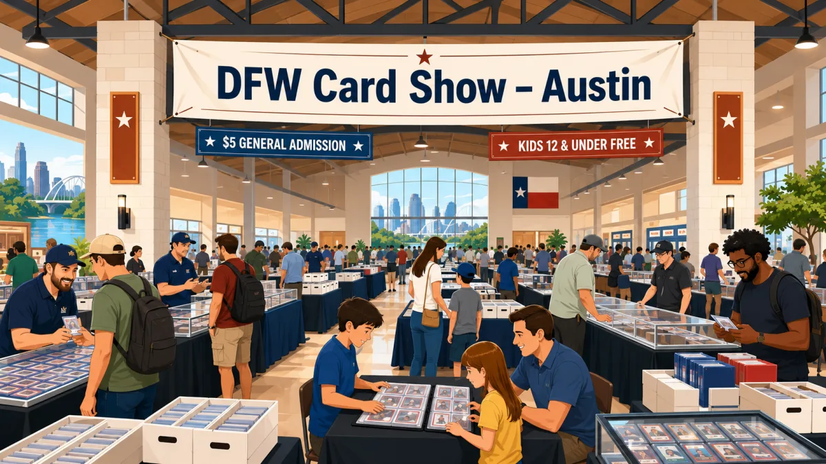 Illustrated collectors and families browsing card tables inside an Austin exposition hall beneath a DFW Card Show – Austin banner.