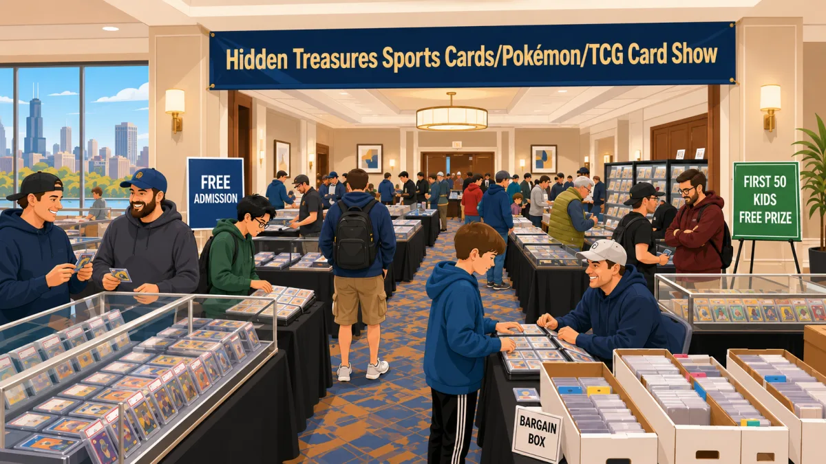 Illustrated hotel card-show room with collectors browsing tables beneath a Hidden Treasures Sports Cards/Pokémon/TCG Card Show banner and free-admission giveaway callouts.