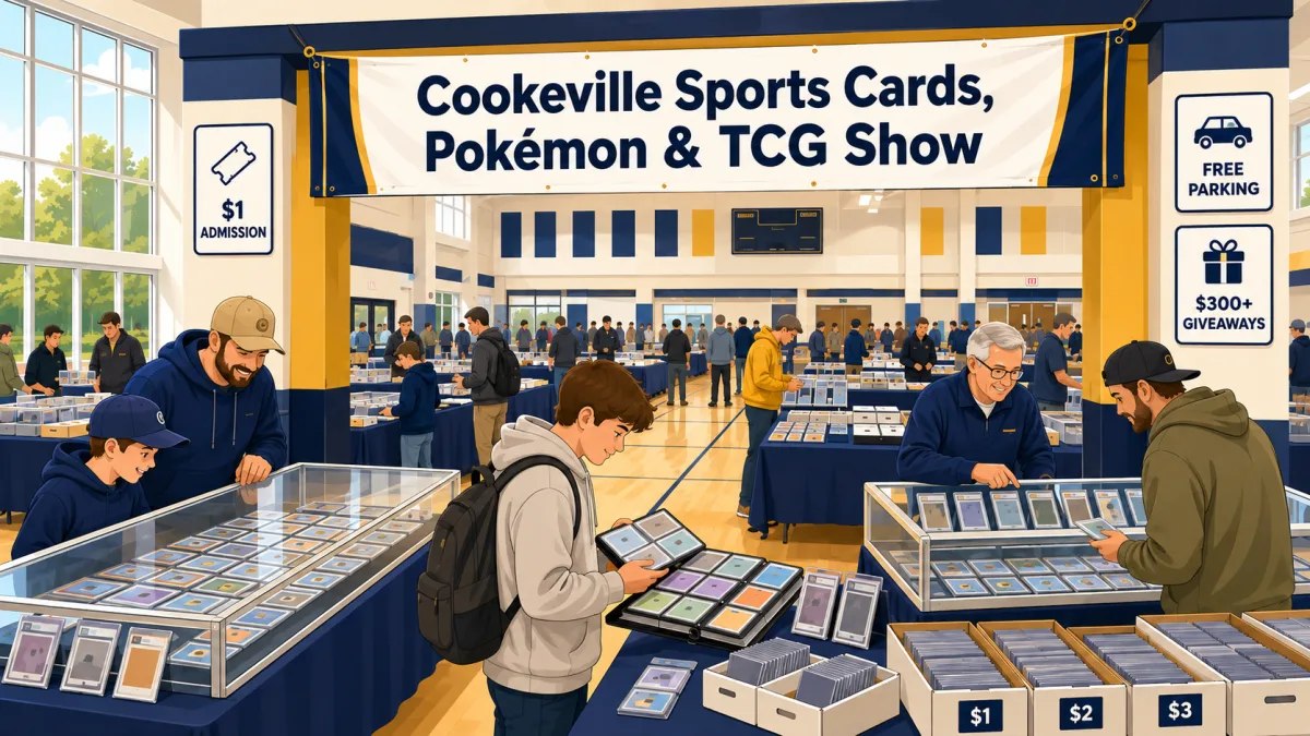 Illustration of collectors browsing card tables inside a Cookeville school venue beneath a Cookeville Sports Cards, Pokémon & TCG Show banner.