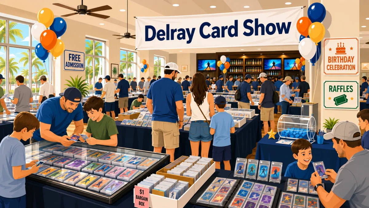 Illustration of collectors browsing card tables inside a South Florida lodge beneath a Delray Card Show banner with birthday balloons and a raffle station.