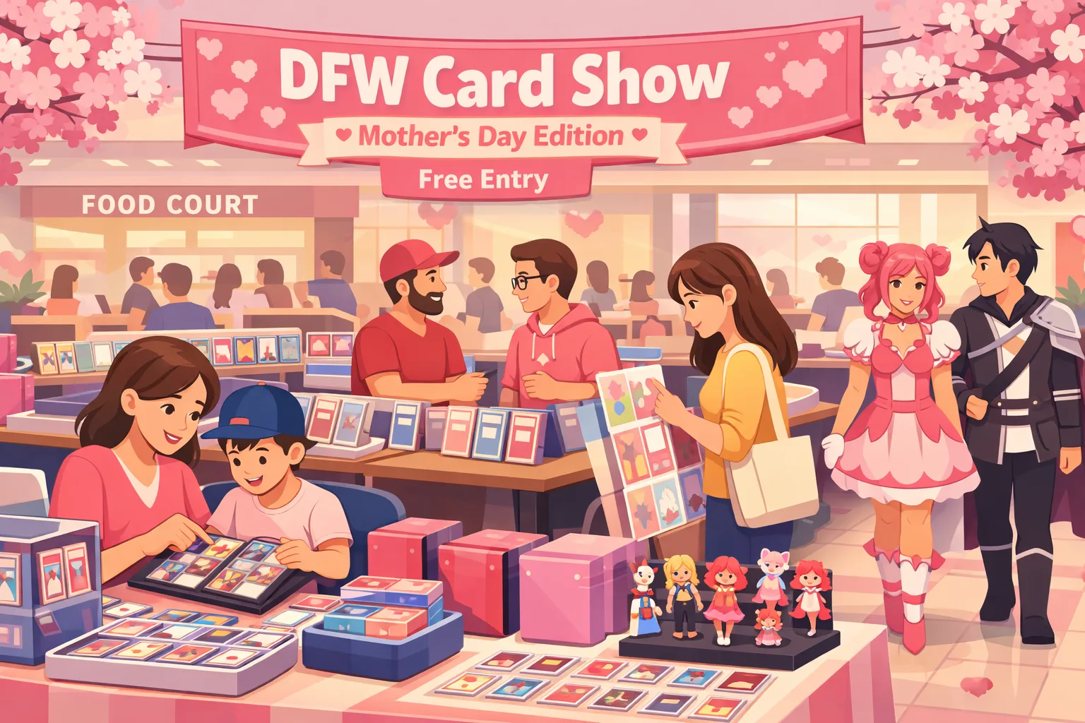 DFW Card Show Mother’s Day Edition hero illustration showing a family-friendly Fort Worth mall card show with TCG tables, anime merch, artist alley booths, cosplay attendees, and spring pink Mother’s Day decor at Ridgmar Mall.