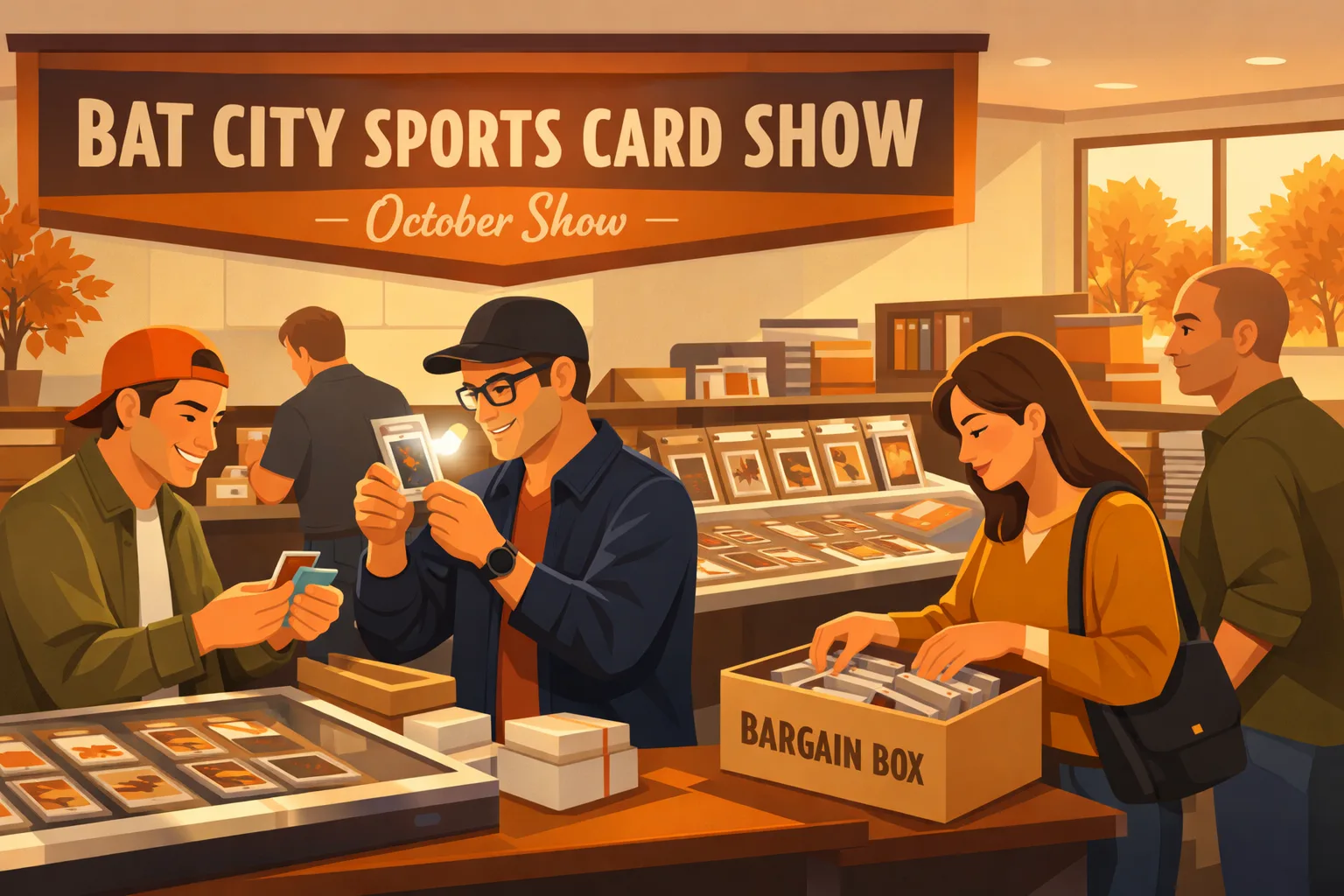 Bat City Sports Card Show in Austin, Texas during the October 2026 sports card event at Kenny’s Collectibles, with collectors trading cards, browsing value boxes, and inspecting graded cards in a warm fall shop setting.