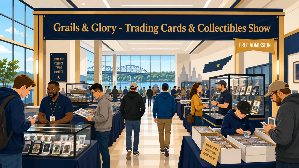 Collectors browse trading cards and collectibles inside a Clarksville event hall beneath a Grails & Glory - Trading Cards & Collectibles Show banner with a free admission callout.