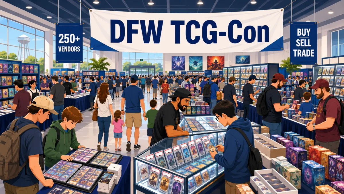 DFW TCG-Con in Dallas-Fort Worth, Texas, packed with 250+ vendors, glass cases of graded card slabs, and buy, sell, trade booths.