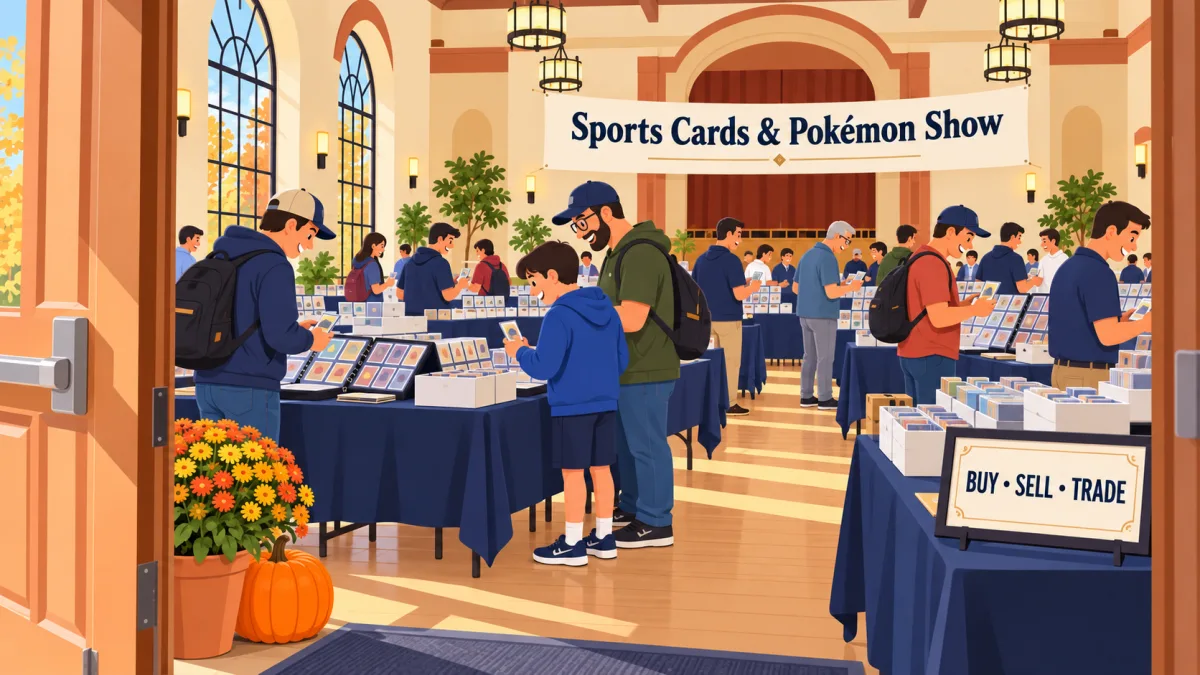 Collectors browse trading card tables inside a community hall beneath a Sports Cards & Pokémon Show banner. Open binders, card displays, and a small paper pumpkin decorate the scene.