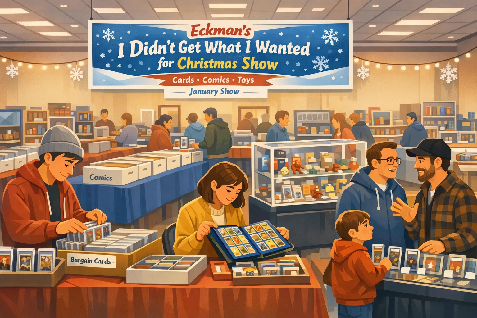 Eckman’s I Didn’t Get What I Wanted for Christmas Show in San Antonio event hall with collectors browsing sports cards, Pokémon binders, comics, toys, and display cases during the January 2027 collectibles show.