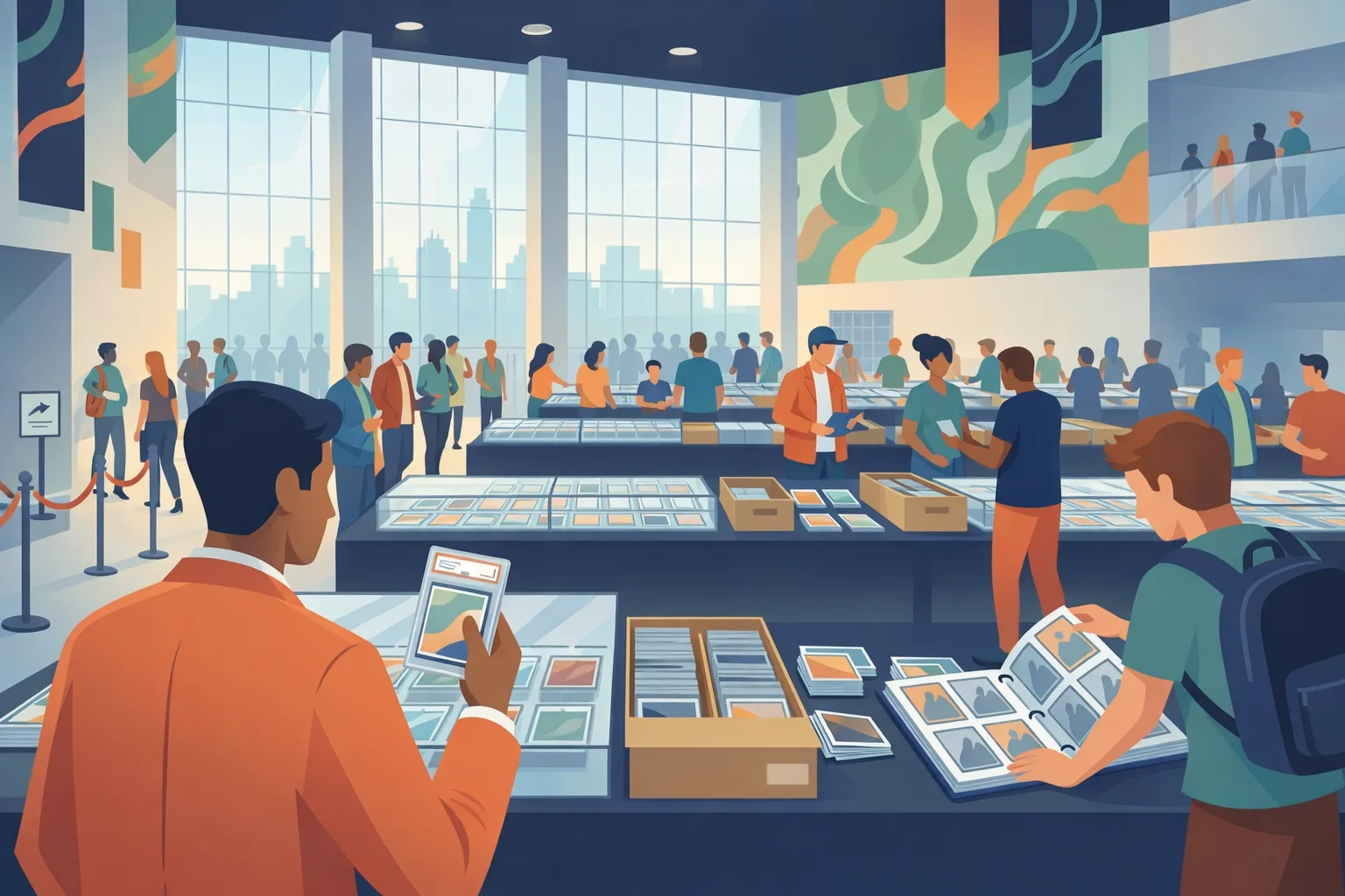 Modern flat illustration of a busy card show at Palmer Events Center in Austin, with collectors browsing vendor tables, viewing graded cards, and large windows showing the Austin skyline.