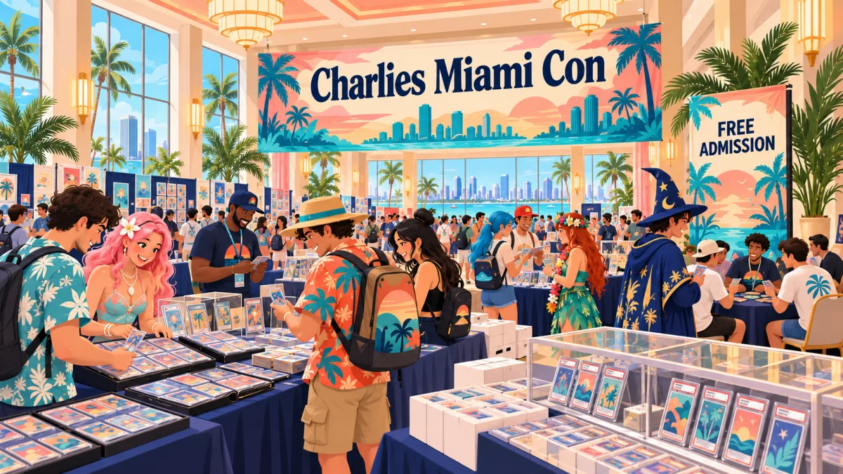 Collectors browse cards and collectibles beneath a Charlies Miami Con banner in a bright resort convention hall. Costumed attendees and a card-playing area appear in the background.