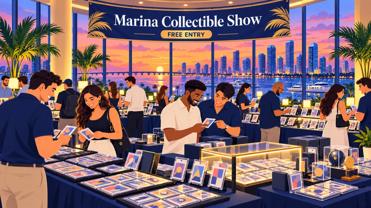 Illustration of collectors browsing cards and mixed collectibles in a 14th-floor Miami waterfront venue beneath a Marina Collectible Show banner and free-entry sign.