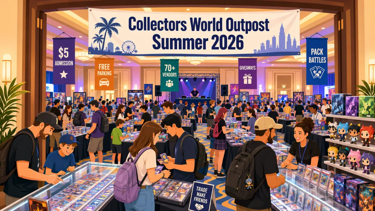 Collectors World Outpost Summer 2026 card show in a packed hotel ballroom with graded card display cases, 70+ vendor tables, and a DJ stage.