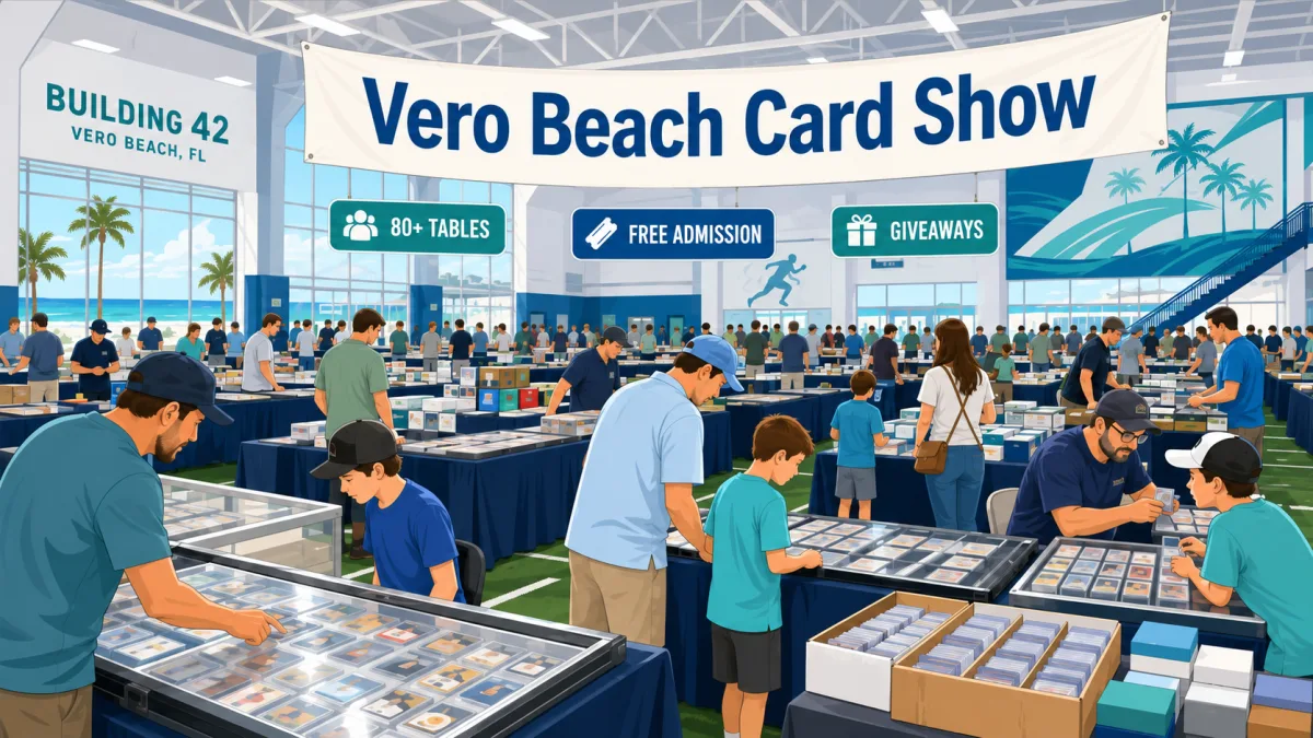 Illustration of collectors browsing card tables inside Building 42 beneath a Vero Beach Card Show banner with 80+ tables, free admission, and giveaways callouts.