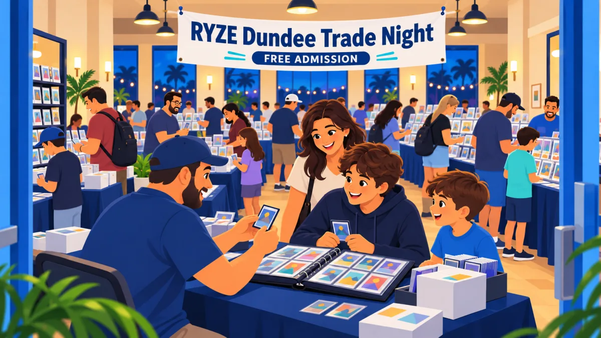 Collectors trade cards across an open binder while families browse vendor tables inside a warmly lit community hall. A banner above the gathering reads RYZE Dundee Trade Night.