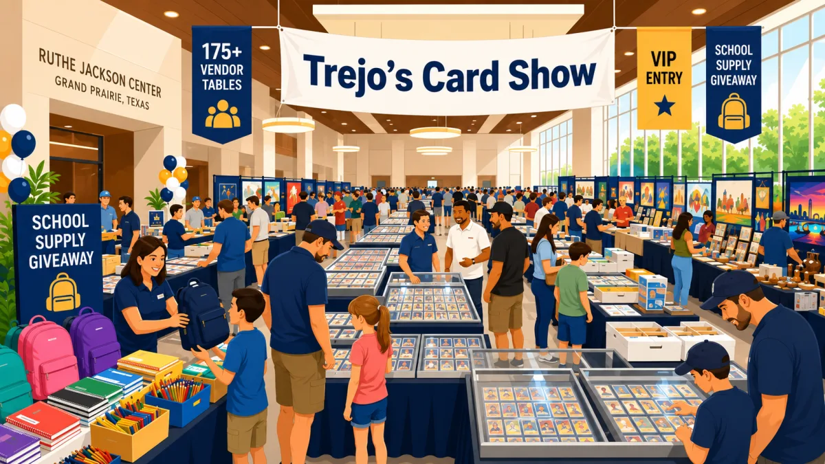 Illustrated Trejo's Card Show floor inside the Ruthe Jackson Center, with collector tables, families browsing, and a school-supply giveaway station.