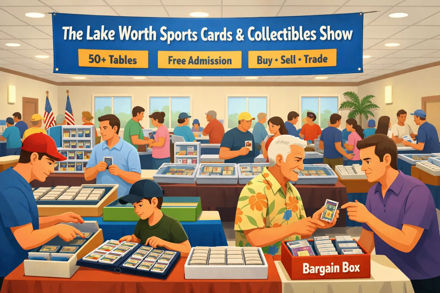 Illustration of The Lake Worth Sports Cards & Collectibles Show in Greenacres, Florida, inside a busy community hall with vendor tables, sports card slabs, Pokémon binders, display cases, and collectors browsing.