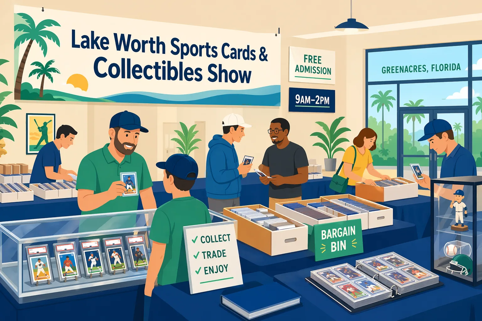 Illustration of the Lake Worth Sports Cards & Collectibles Show in Greenacres, Florida, with collectors browsing vendor tables, display cases, bargain bins, and sports card binders inside a bright community hall.