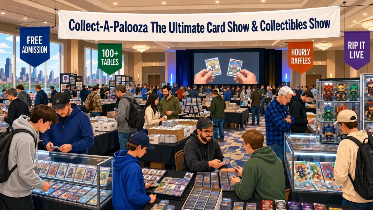 Collect-A-Palooza convention floor with 100+ vendor tables, graded cards in glass display cases, sealed packs, comics, and collectible figures as crowds browse.