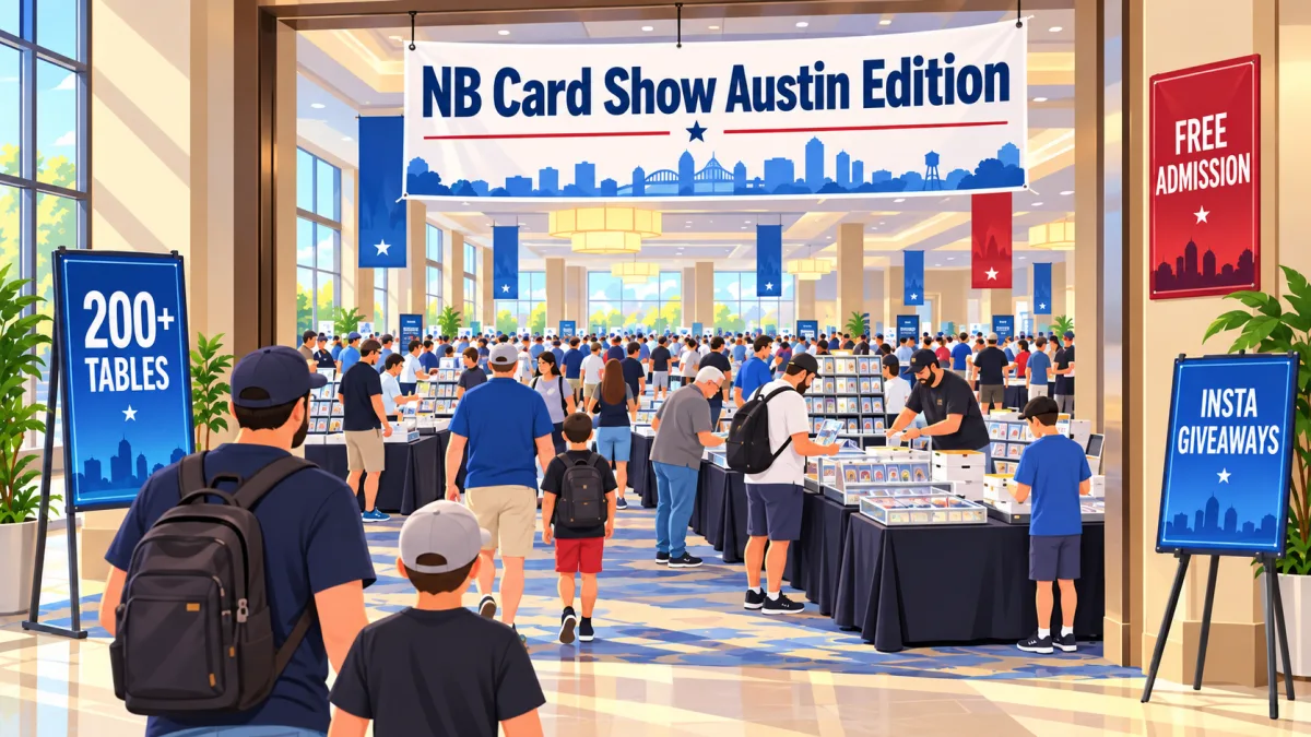 Illustration of collectors browsing card tables inside a Pflugerville hotel conference hall beneath an NB Card Show Austin Edition banner with 200+ tables and free admission callouts.
